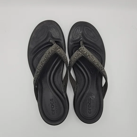 Crocs black and silver comfy flip flop sandals women's 10 - Picture 5 of 6